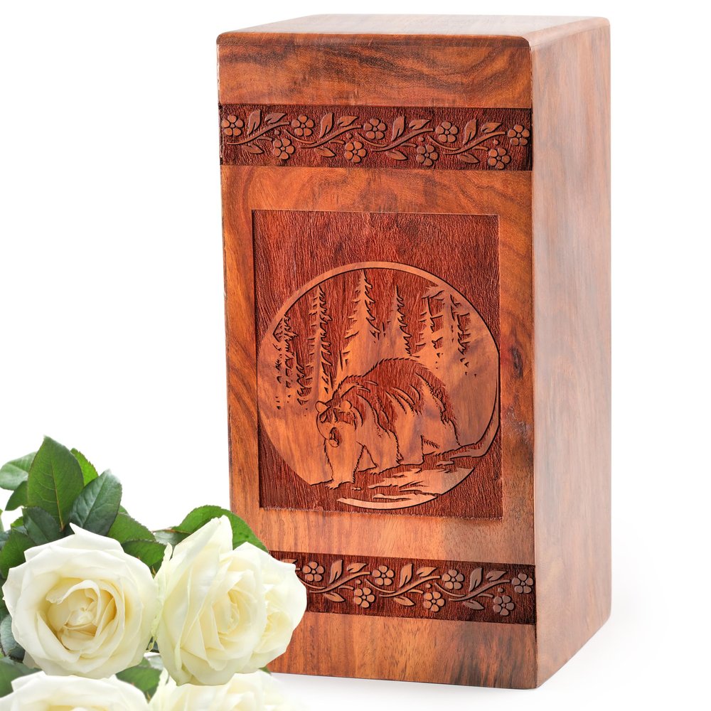 KARYLIZ Bear Wooden Urn - Cremation Urns for Adult Ashes Men - Classic Wooden - Urn for Ashes with Bear - Urn Tribute to Adult Male Funeral - Large Wooden Box Urn - 10 Inches, Natural
