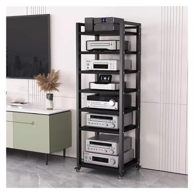 Audio Video Media Stand Cabinet with Height Adjustable Shelf & Wheels, Living Room 5 6 7 8 Tier Entertainment Stereo Components Rack For Small Space ( Color : Black-#2 , Size : 7 tier-50cm wide )