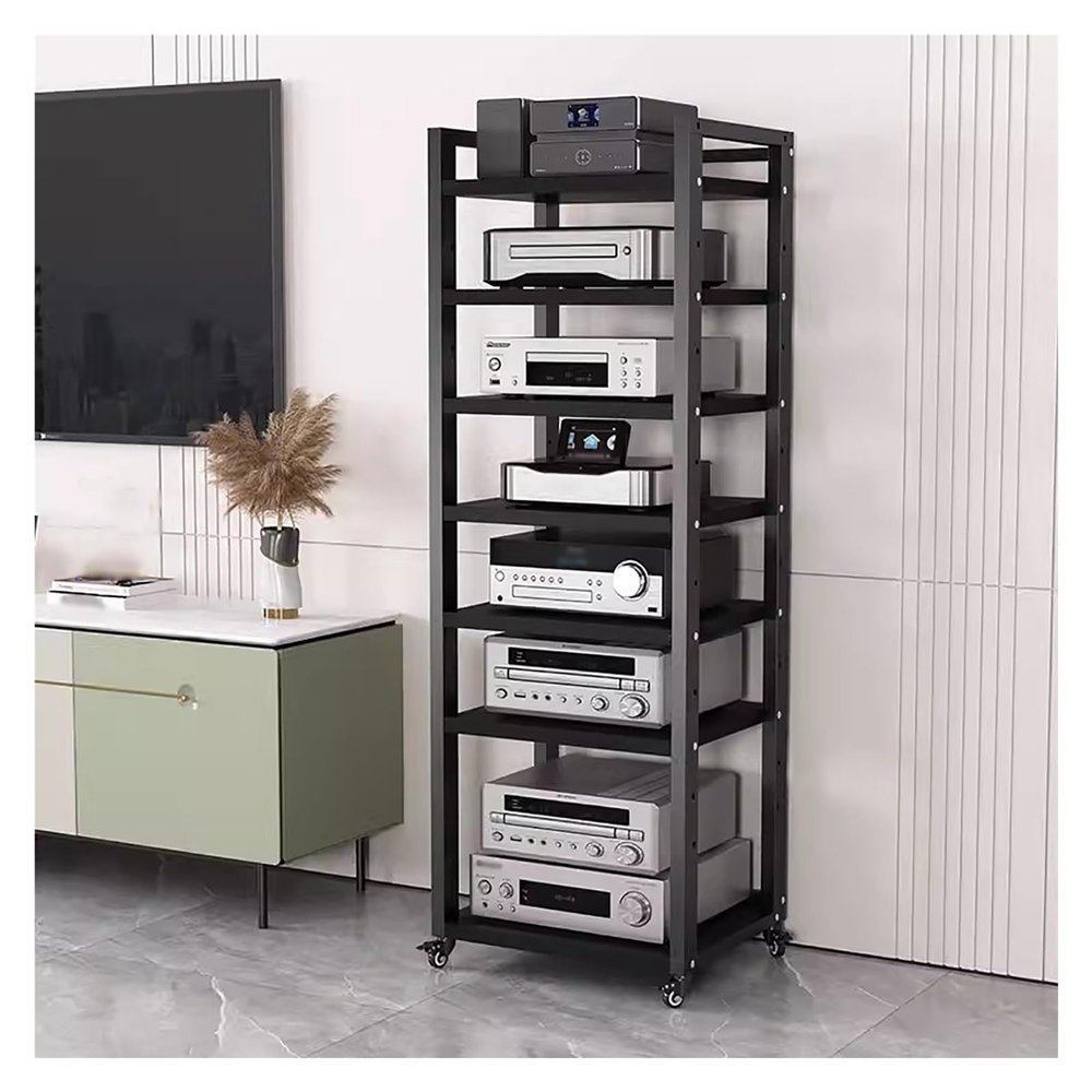 Audio Video Media Stand Cabinet with Height Adjustable Shelf & Wheels, Living Room 5 6 7 8 Tier Entertainment Stereo Components Rack For Small Space ( Color : Black-#2 , Size : 7 tier-50cm wide )