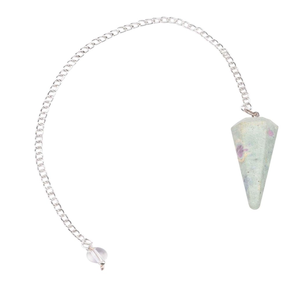 Blessfull Healing Reiki Gemstone Ruby Fuchsite Stone Cone Dowsing Pendulum with Long Chain Design #1