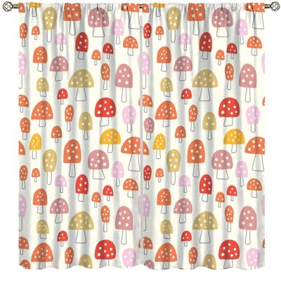 Cartoon Cute Mushroom Curtain Pink Yellow Country Hand Drawn Mushroom Plant Curtains for Kids Room Bedroom Living Room Decor 63" W X 63" L