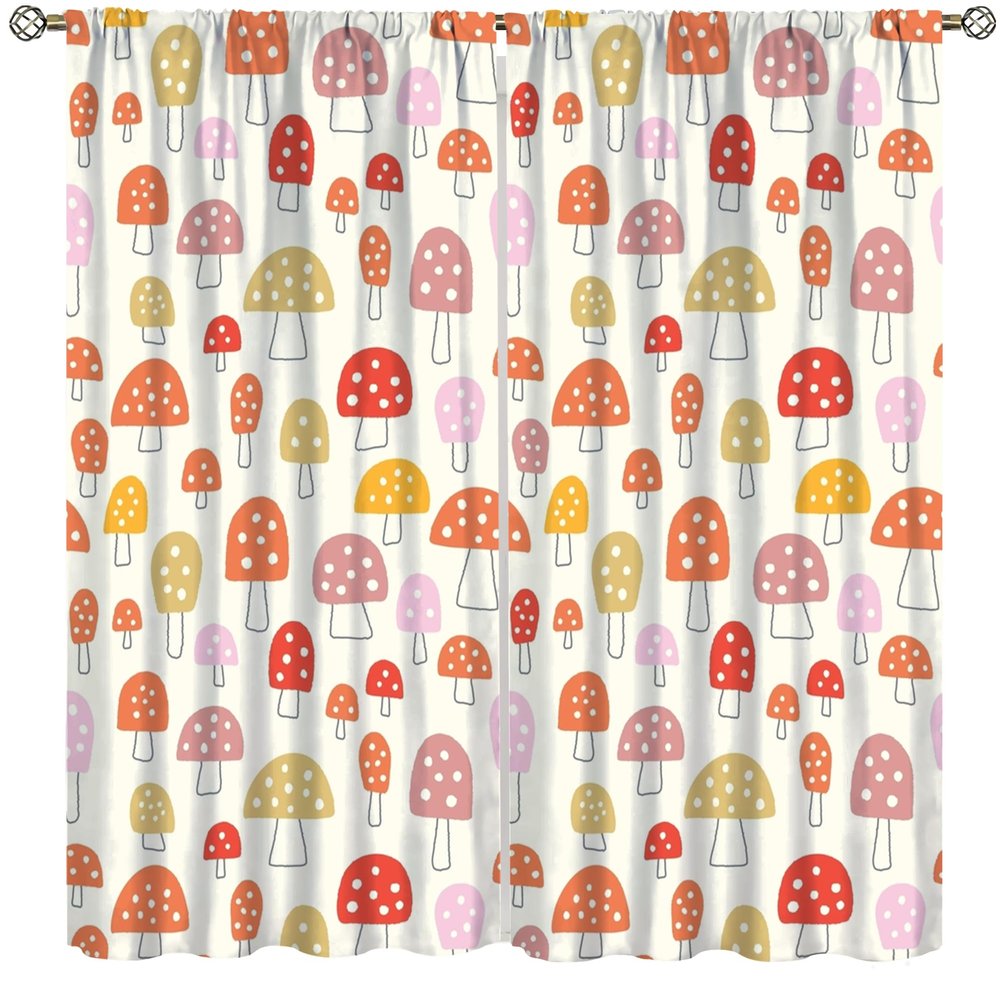 Cartoon Cute Mushroom Curtain Pink Yellow Country Hand Drawn Mushroom Plant Curtains for Kids Room Bedroom Living Room Decor 63" W X 63" L