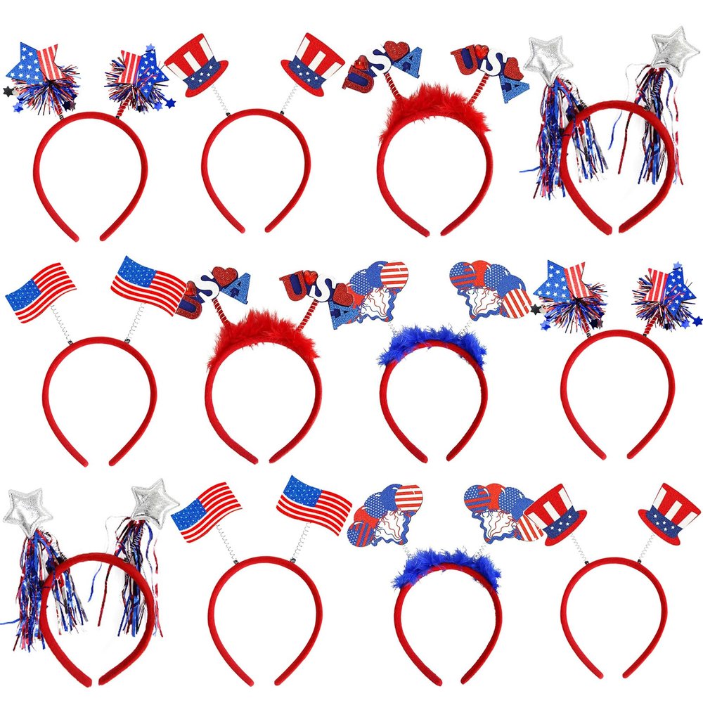 BBPOOL 4th of July Headband 12pcs Patriotic Headbands Uncle Sam Hat USA Flag Headbands for Independence Day Party Favors Fourth of July Party Accessories