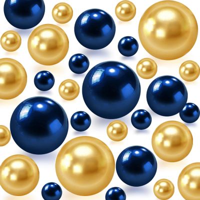 150Pcs Navy Blue&Gold Polished No Hole Faux Pearl Beads for Vase Filling Decorations, Plastic Pearls Vase Fillers, Table Scatters, Wedding Centerpiece, Home Decor, 8/14/20 mm