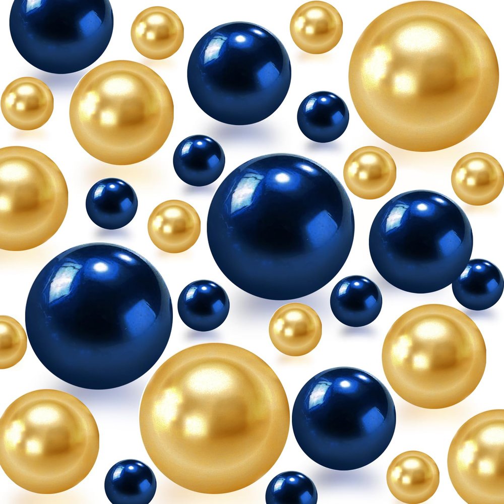 150Pcs Navy Blue&Gold Polished No Hole Faux Pearl Beads for Vase Filling Decorations, Plastic Pearls Vase Fillers, Table Scatters, Wedding Centerpiece, Home Decor, 8/14/20 mm