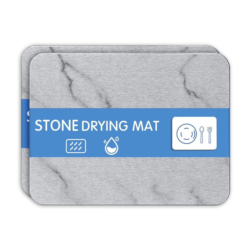 2PCS Quick Dry Stone Drying Mat for Kitchen Counter Stone Dish Drying Mats Water-Absorbent Diatomaceous for Cups Dishes Bottles Multiple Usage L16" x W12" Light Gray-Marble