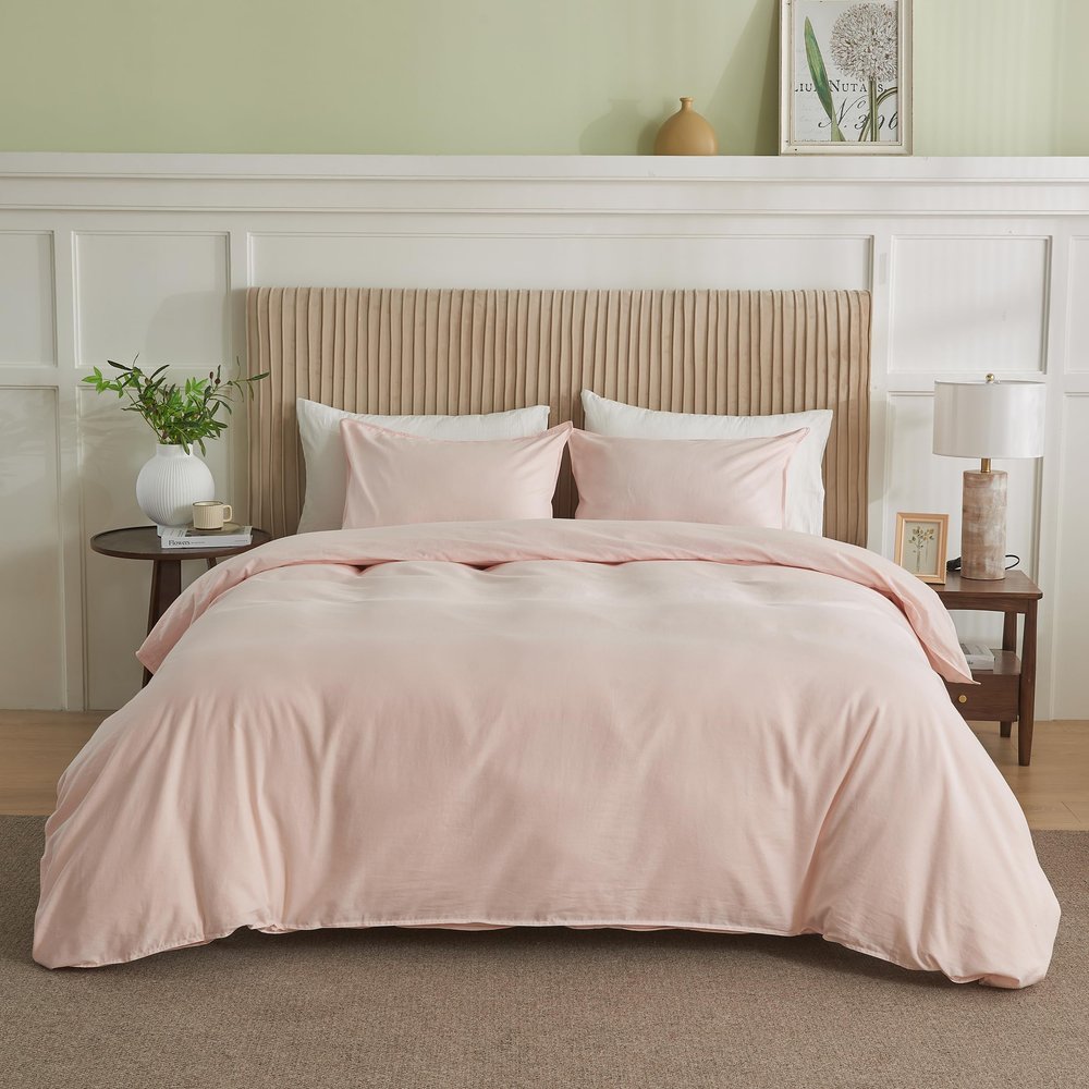 BISELINA French Linen Duvet Cover Set 2pcs with Hidden Zipper Closure Natural Flax Cotton Blend Solid Color Soft Breathable Luxury Farmhouse Bedding - Twin Size, Pale Pink