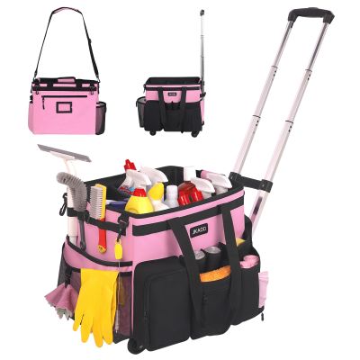 JKAOO Large Rolling Cleaning Caddy Bag with Detachable Trolley, Pink