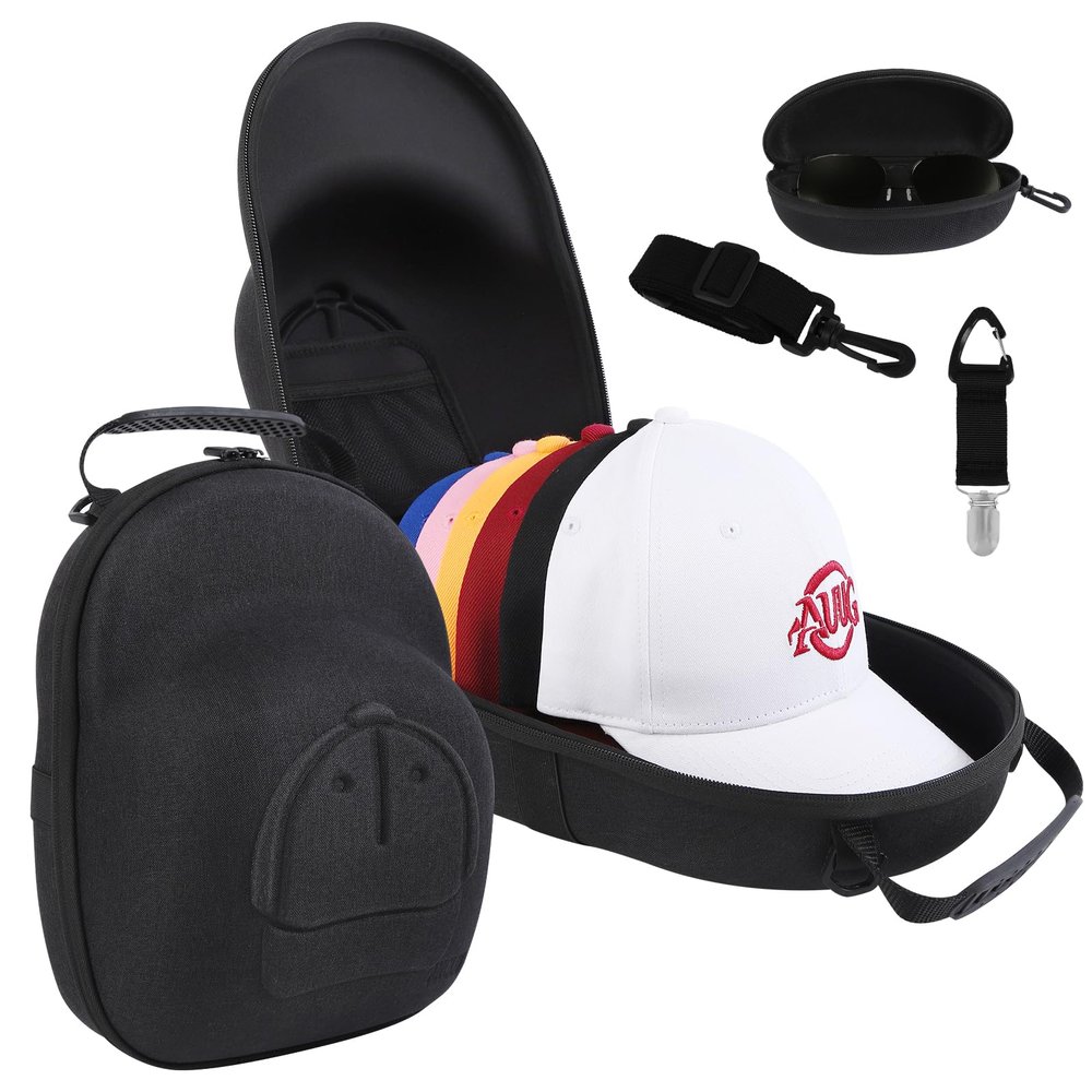 Anguu Hat Travel Case, Hard Hat Carrier Organizer with Clip & Glasses Storage, Holds 6 Baseball Caps for Home/Travel - Black