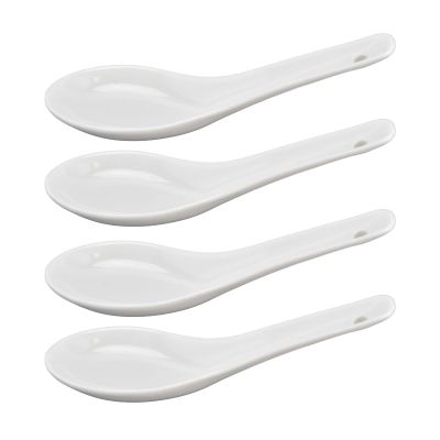 4pcs Soup Spoon,Porcelain Tablespoon Longs Handle Easy to Hold Noodle Soup Spoons Non Slip Bottom for Kitchen Hotel Restaurant