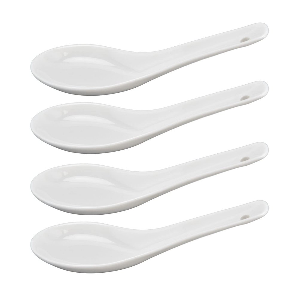 4pcs Soup Spoon,Porcelain Tablespoon Longs Handle Easy to Hold Noodle Soup Spoons Non Slip Bottom for Kitchen Hotel Restaurant