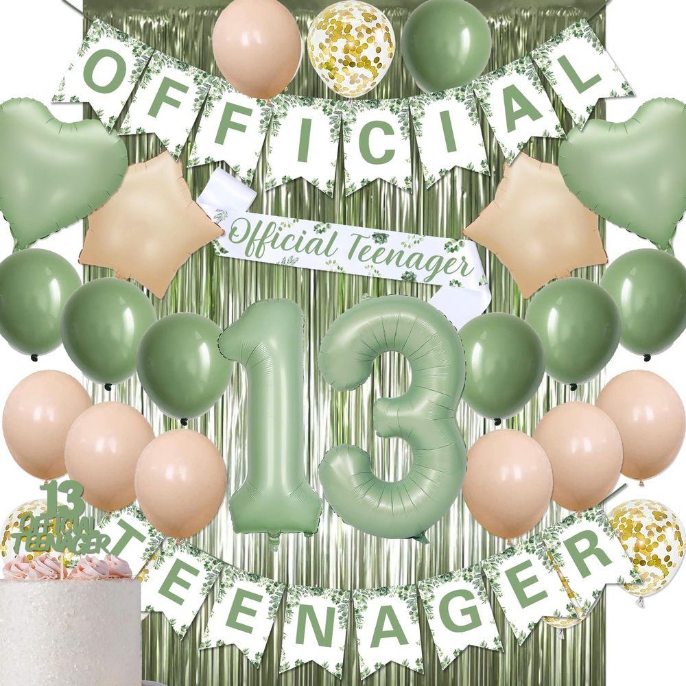 Sage Green 13th Birthday Decorations Kit - Official Teenager Banner, Cake Topper, Green Balloons, Party Supplies for 13 Years Old