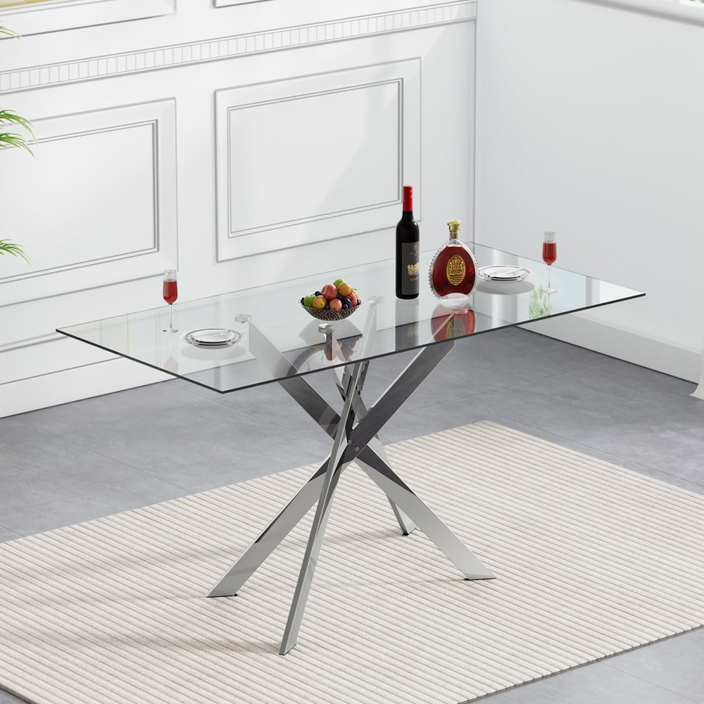 Henf 51.2'' Glass Dining Table for 4-6 People, Rectangle Kitchen Table with Silver Metal Legs, Tempered Glass Top Dining Room Table for 4, Dining Table for Dining Room Home Kitchen