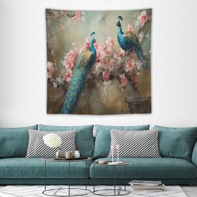 HZOHNAGO Peacock Tapestry Vintage Watercolor Pink Flower Branch Birds Pattern Printed Wall Tapestry Wall Hanging for Bedroom Living Room Dorm 60" W x 60" H
