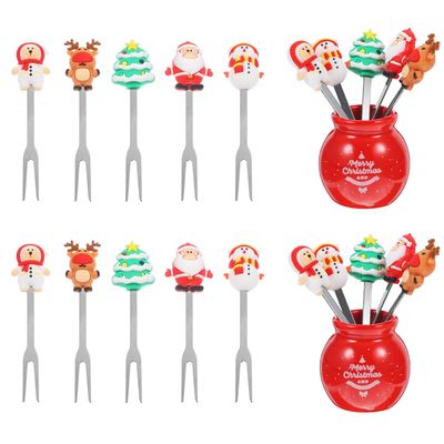 10 Pcs Christmas Fruit Fork with Ceramic Jar Holder Mini Stainless Steel Salad Fork Cartoon Santa Claus Xmas Tree Fruit Picks Cake Dessert Food Picks (2)