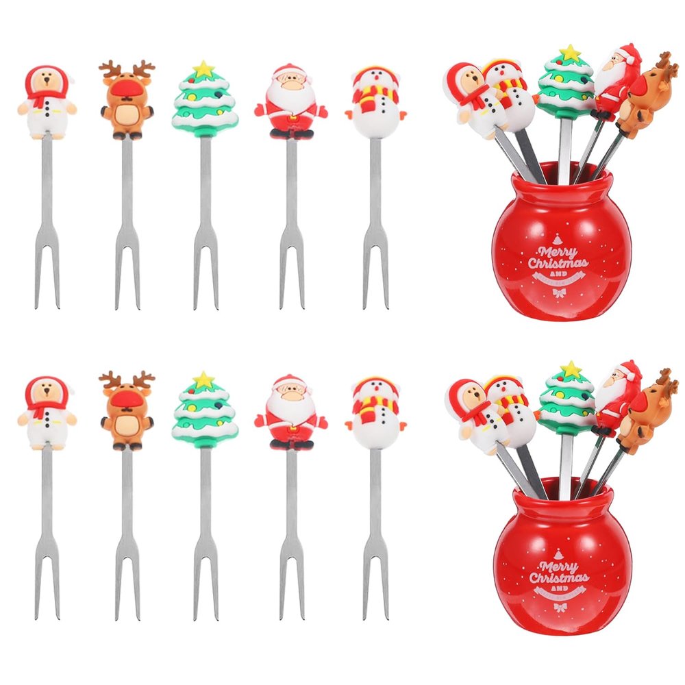 10 Pcs Christmas Fruit Fork with Ceramic Jar Holder Mini Stainless Steel Salad Fork Cartoon Santa Claus Xmas Tree Fruit Picks Cake Dessert Food Picks (2)