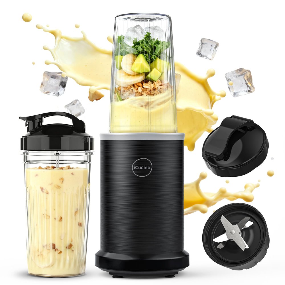 iCucina Smoothie Blender, 1000W Personal Blender for Shakes and Smoothies with 2 x 37oz Protable Cups and Lids, Single Serve Blenders for Ice Crushing, Bean Grinding, Frozen Fruit Drinks, Black