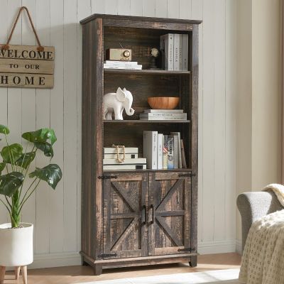 AMERLIFE Farmhouse Bookcase with Doors, 5 Shelf Bookshelf Storage Cabinet with Adjustable Shelves & Barn Door, Versatile Storage Pantry Cabinet for Bedroom, Living Room, Kitchen, Rustic Oak Black
