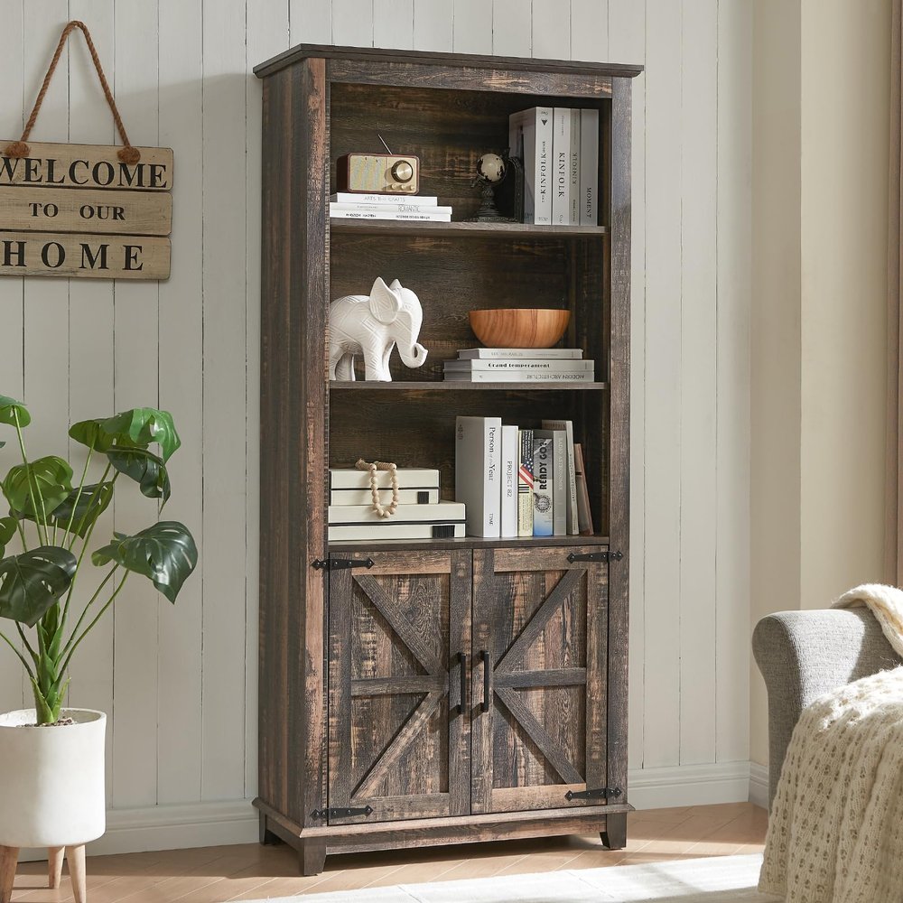AMERLIFE Farmhouse Bookcase with Doors, 5 Shelf Bookshelf Storage Cabinet with Adjustable Shelves & Barn Door, Versatile Storage Pantry Cabinet for Bedroom, Living Room, Kitchen, Rustic Oak Black