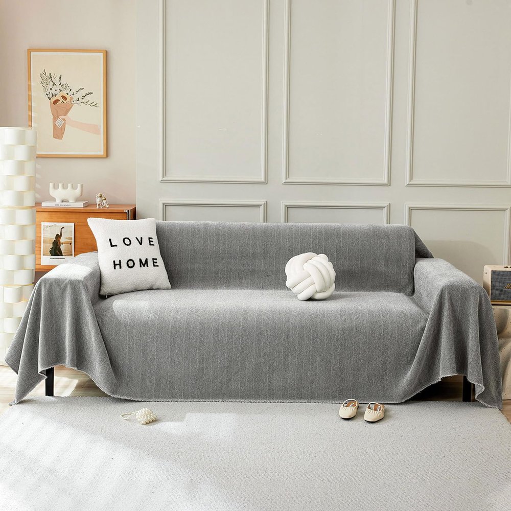 STACYPIK Textured Dark Grey Couch Cover for Dogs Chenille Pet Sofa Cover Washable Jacquard Couch Throw Protector for Sectional Thick Soft Sofa Slipcover Blanket for 3 Cushion Couch-71X118IN