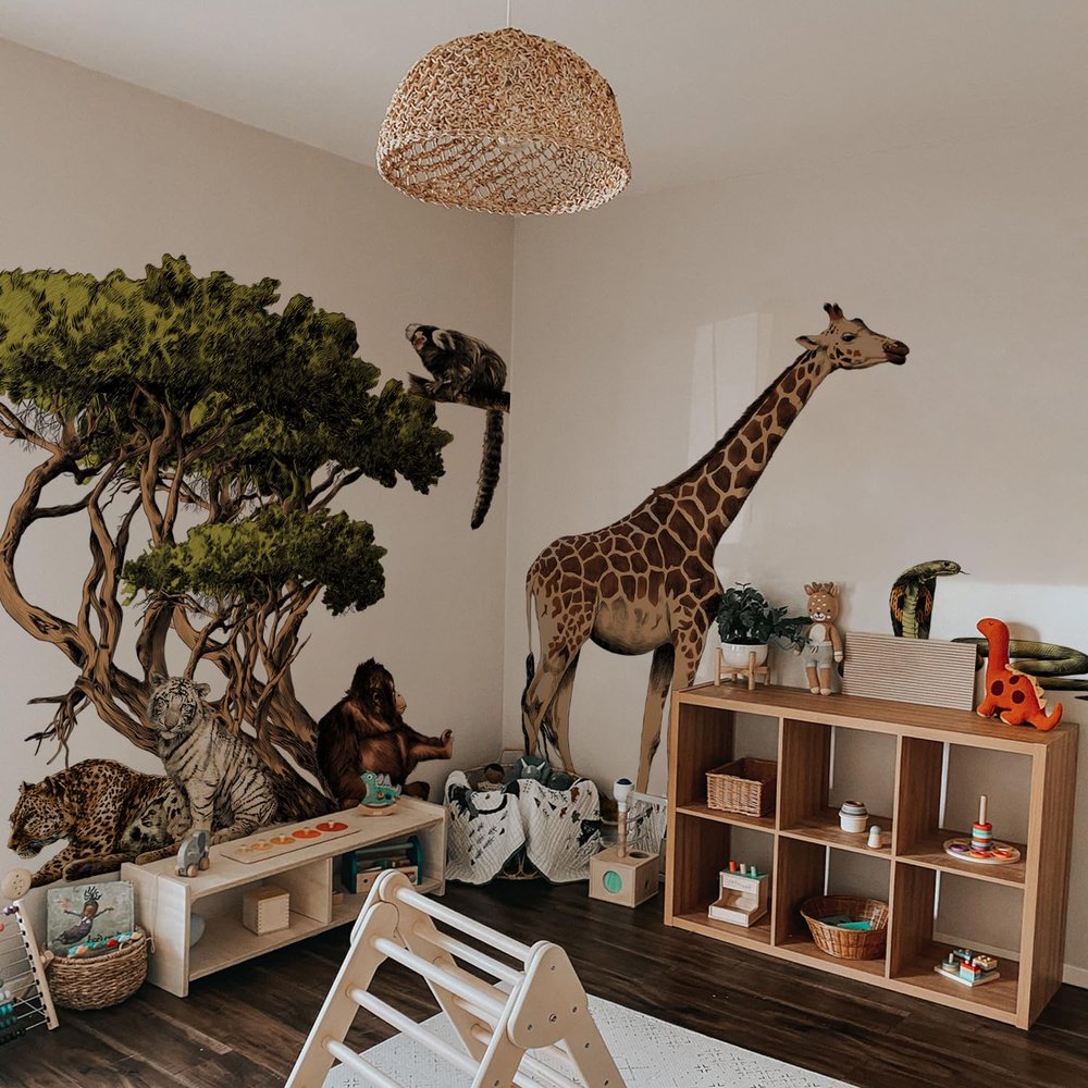 astrkiz Extra Huge Safari Animals Wall Mural Sticker Peel and Stick, Textured Vinyl Monkey Jungle Wallpaper, Nursery Safari Animals Wall Art Decor for Boys Bedroom Playroom Kids Room