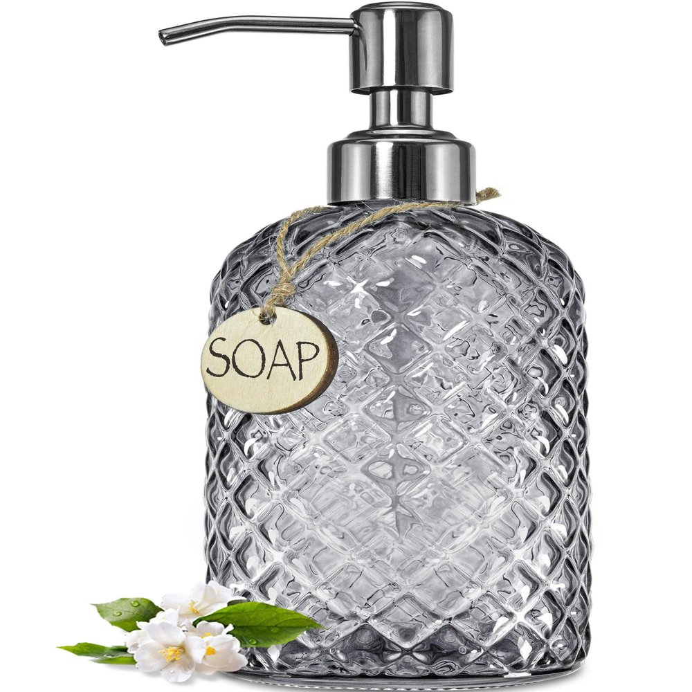 JASAI 18Oz Gray Glass Soap Dispenser with Rust Proof Pump, Refillable Kitchen soap Dispenser for Dish Soap, Bathroom Soap Dispenser for Dispense Hand soap, Lotion.