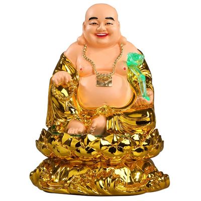 ERoomQ Statue Ornament Resin Golden Laughing Buddha with Ru Yi Figurines Sculptures Wealth Lucky Gift Decoration (Gold)