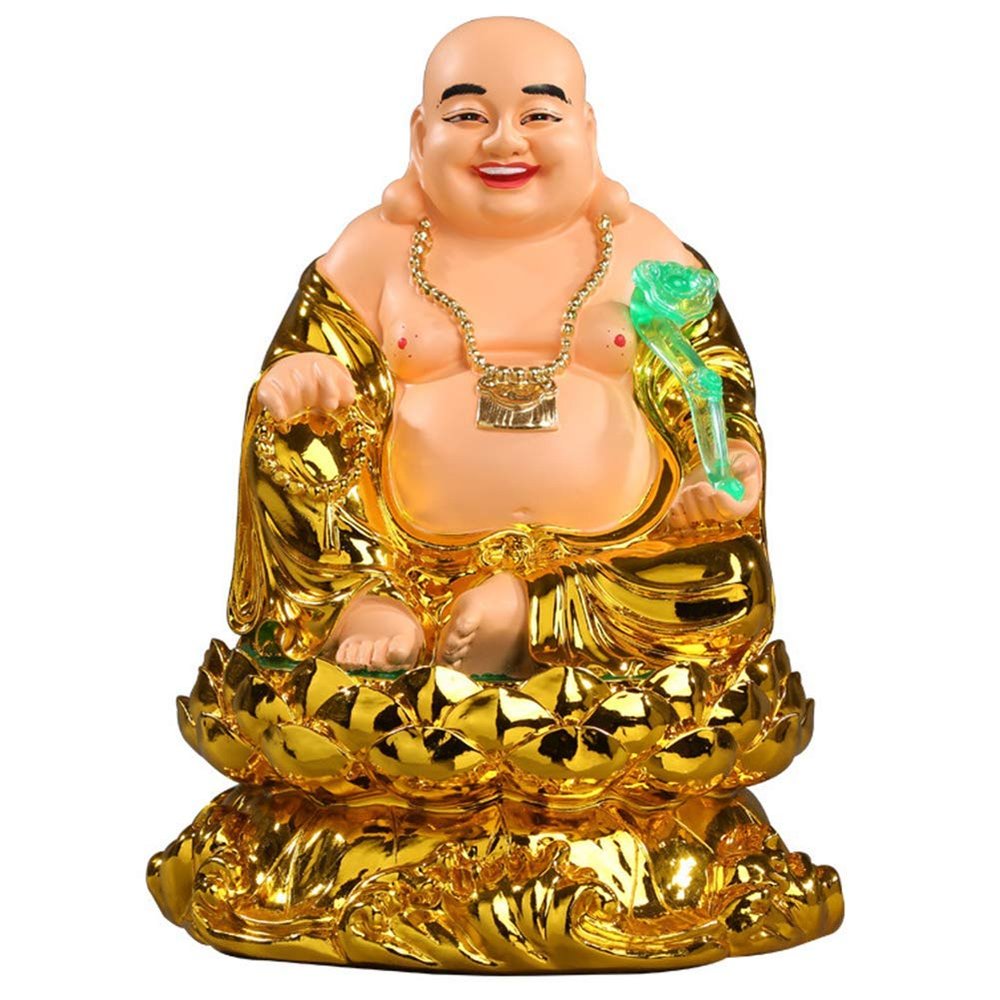 ERoomQ Statue Ornament Resin Golden Laughing Buddha with Ru Yi Figurines Sculptures Wealth Lucky Gift Decoration (Gold)