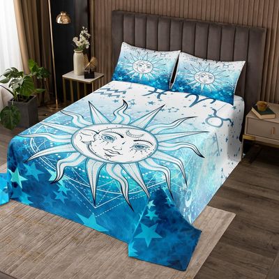 Manfei Sun and Moon Kids Bedspread Queen Size, Boho Sun Moon Stars Coverlet Set for Boys Girls Adults Room Decor, Galaxy Starry Theme Quilted Coverlet with 2 Pillowcases, Soft Polyester Bedding Quilt