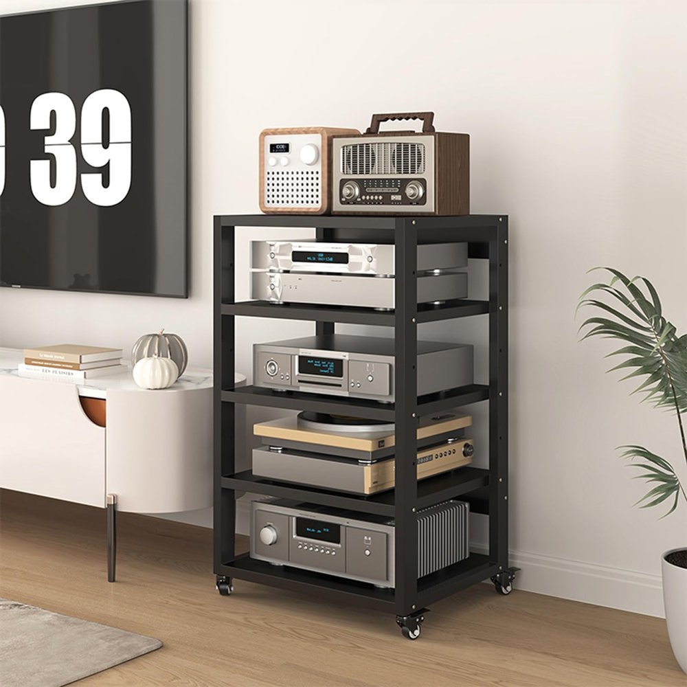 SOBS Heavy-Duty 5 Tier Movable Media Stand KTV Entertainment Stereo Storage Cabinet CD Player Stand Audio/Video Component Cabinet with Steel Shelf for Home/Office/Theater, Black(50x40x90cm)