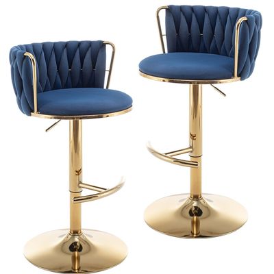 Cinxzar Gold Velvet Bar Stools Set of 2, Swivel Counter Height Bar Stools with Back, Adjustable Woven Barstools for Kitchen Island, Pub, Club (Blue)
