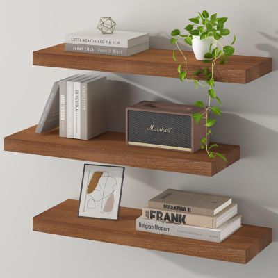 SAUMONIERES Floating Wall Shelves for Bedroom Bathroom Wall Mounted Solid Wood Shelf 24 Inch Set of 3, Walnut Floating Shelves