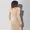 Udeniy Womens Wedding Guest Dresses Elegant Long Sleeve Maxi Dress Spring Cocktail Dress Women Trendy Prom Dresses Wrap A-Khaki view 4