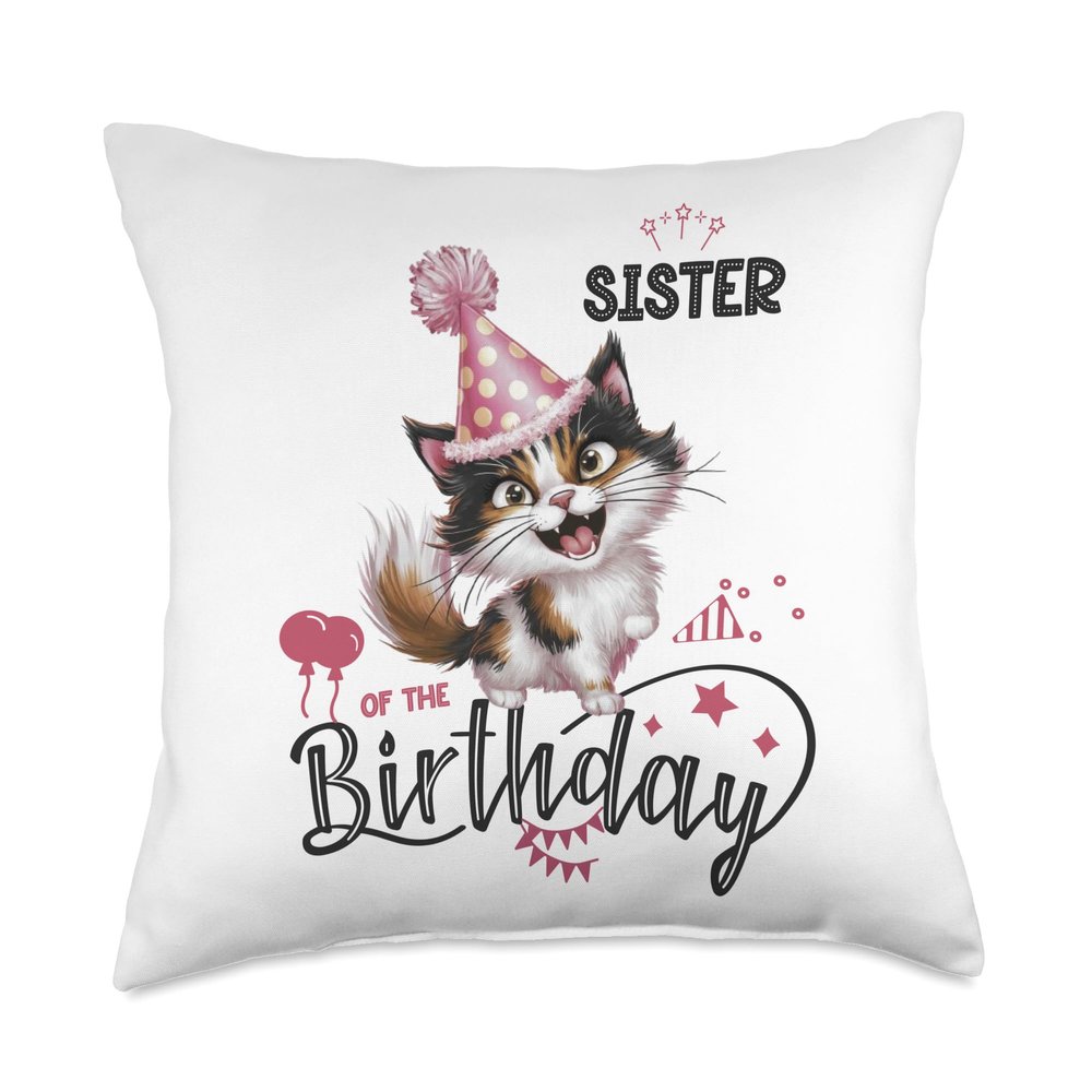 Sister Of The Birthday Cat decorations Cat Faces Kitte party Throw Pillow