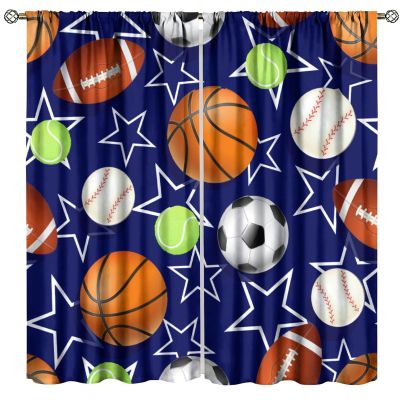 JanJCurt Basketball Boys Curtains, Sports Theme Football Baseball Soccer Tennis Blue Star Print Window Curtains for Teens Kids Bedroom Living Room Playroom 72" W X 63" L