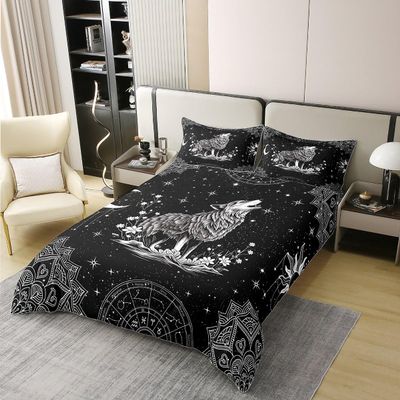 Wolf 100% Natural Cotton Duvet Cover Set Bohemian Lotus Constellation Starry Sky Comforter Cover Set King Size for Bedroom Decor Mysterious Wild Animals Bedding Set with 2 Pillowcases(Not Comforter)