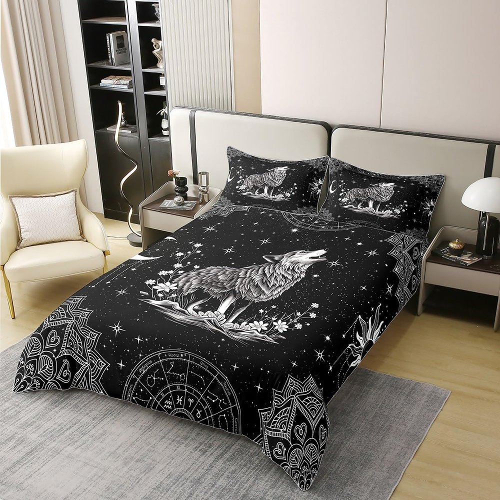 Wolf 100% Natural Cotton Duvet Cover Set Bohemian Lotus Constellation Starry Sky Comforter Cover Set King Size for Bedroom Decor Mysterious Wild Animals Bedding Set with 2 Pillowcases(Not Comforter)