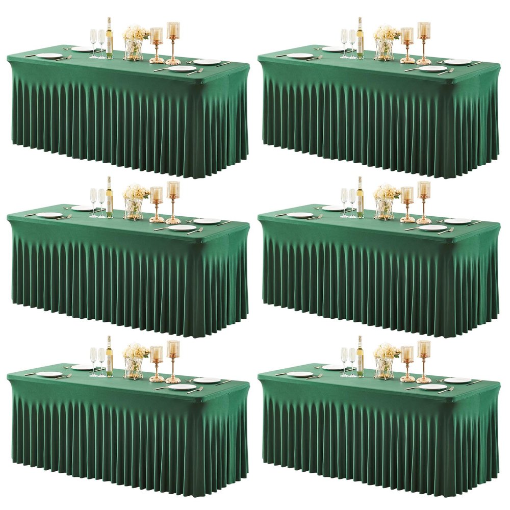 6 Packs Green Table Clothes for 8 Foot Rectangle Tables, Wrinkle Resistant Stretch Spandex Table Covers Fitted Tablecloth with Skirt for Easter Event Banquet Wedding Birthday Party