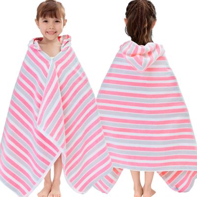 VOOVA & MOVAS Hooded Towels for Kids - 100% Cotton (3-10Years) - Quick Dry Absorbent Lightweight Wrap Towel for Pool | Swim | Beach | Bath, Girls, Pink Gray Stripe