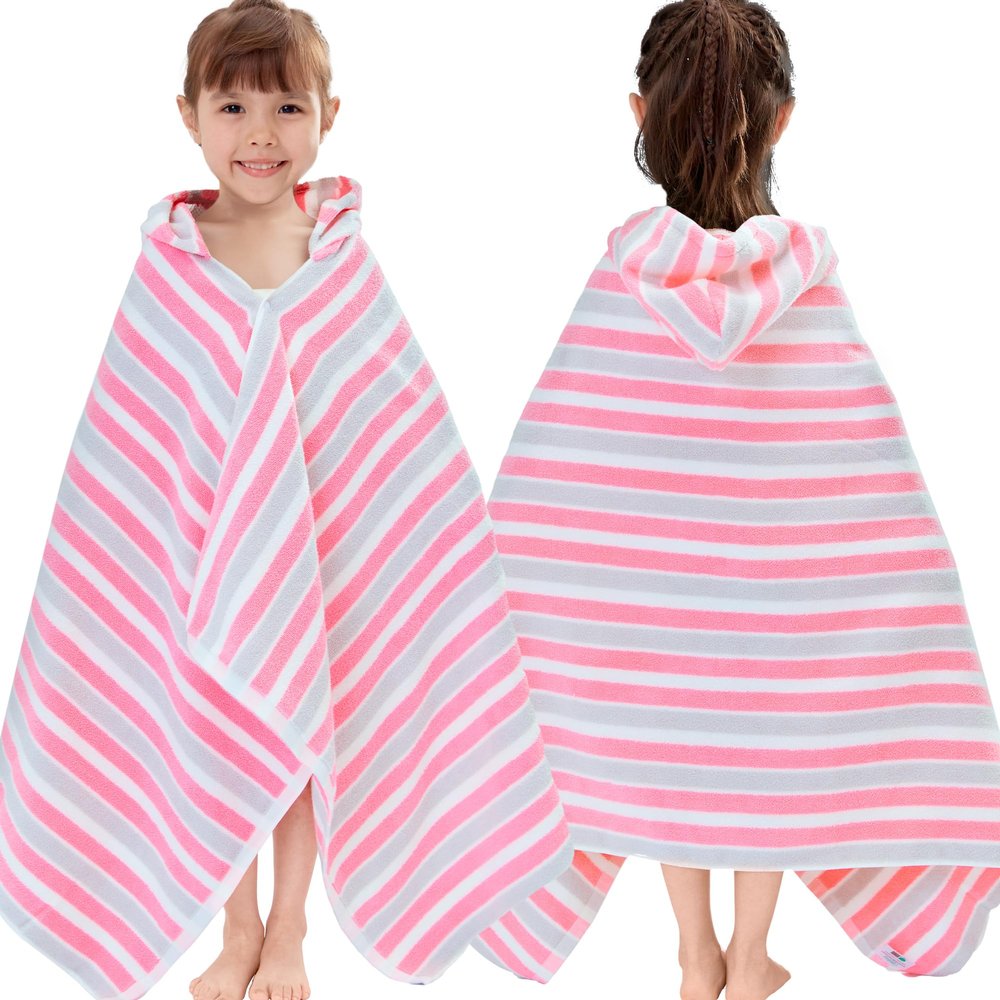 VOOVA & MOVAS Hooded Towels for Kids - 100% Cotton (3-10Years) - Quick Dry Absorbent Lightweight Wrap Towel for Pool | Swim | Beach | Bath, Girls, Pink Gray Stripe