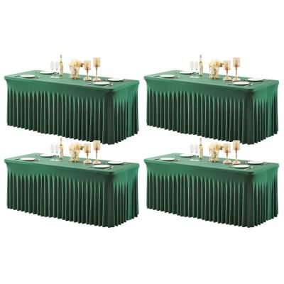 4 Packs Green Table Clothes for 6 Foot Rectangle Tables, Wrinkle Resistant Stretch Spandex Table Covers Fitted Tablecloth with Skirt for Easter Event Banquet Wedding Birthday Party
