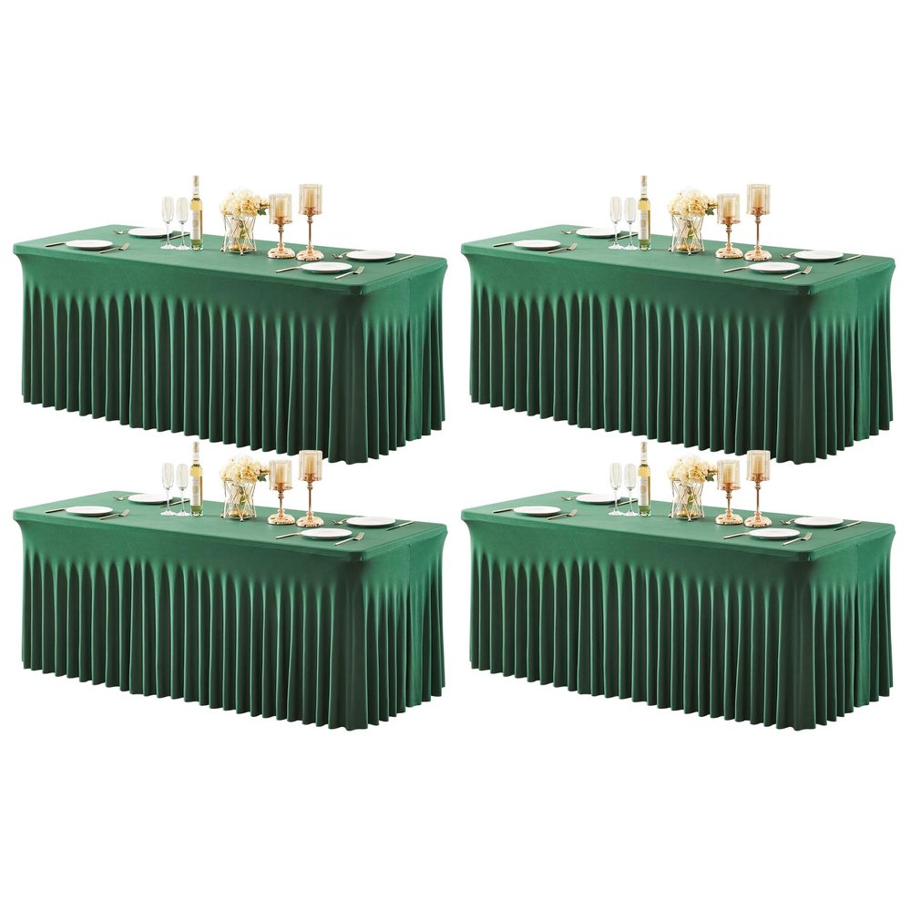 4 Packs Green Table Clothes for 6 Foot Rectangle Tables, Wrinkle Resistant Stretch Spandex Table Covers Fitted Tablecloth with Skirt for Easter Event Banquet Wedding Birthday Party