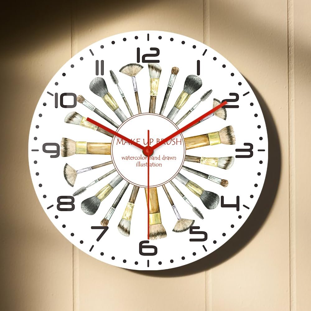Timethink 15'' Cosmetic Brush Modern Decorative Wall Watch Clock Fashion Cosmetic Artwork Quiet Quartz Non Ticking Battery Operated Wall Art Clock for Girl Beauty Salon Girls Room Makeup Artist Gift