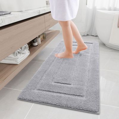 Buganda Bathroom Rugs, 47" x 20", Soft and Absorbent Microfiber Bath Rugs, Non-Slip Shaggy Shower Carpet, Machine Wash Dry Bath Mats for Bathroom Floor, Tub and Shower, Grey