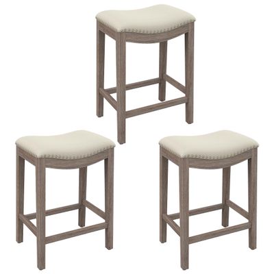 GOOLON Bar Stools Set of 3, Counter Height Stools Saddle Seat, 27 Vintage Linen Fabric Chairs with Wood Legs and Nailhead Upholstered Seat for Kitchen Island, Beige