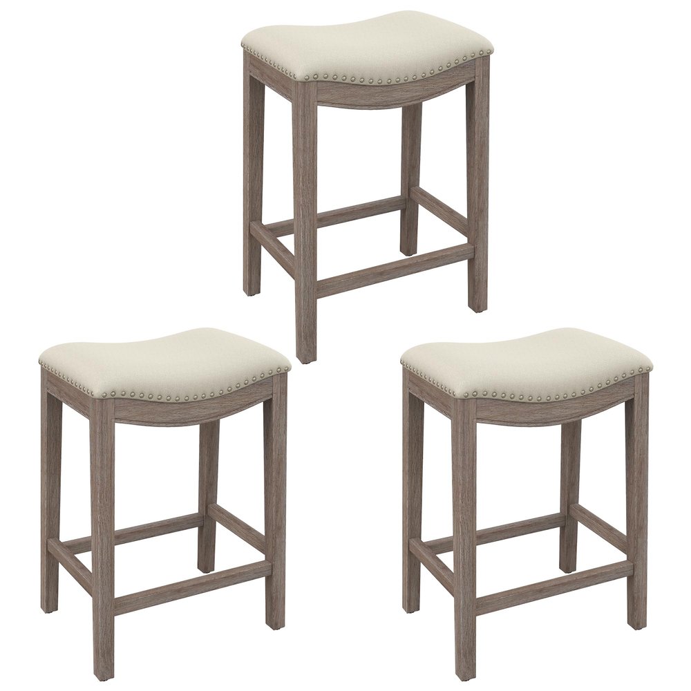 GOOLON Bar Stools Set of 3, Counter Height Stools Saddle Seat, 27 Vintage Linen Fabric Chairs with Wood Legs and Nailhead Upholstered Seat for Kitchen Island, Beige