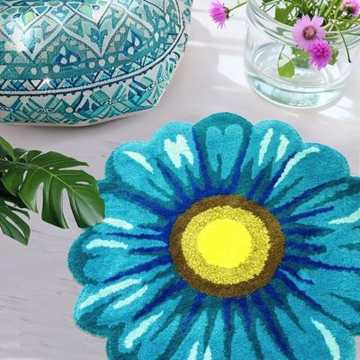 Lacomfy Floral Bathroom Rug Daisy Bathmat Round Bedroom Doormat Shaggy Circle Flower Toilet Carpet Kids Room Bedside Area Rug Kitchen Sink Mat, Easy Washble, Nonslip, Thick, 25.6in, Blue