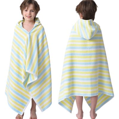 VOOVA & MOVAS Toddler Towels for Boys - 100% Cotton (3-10Years) - Quick Dry Absorbent Lightweigh Hooded Wrap Towel for Pool | Swim | Beach | Bath, Yellow Blue Stripe