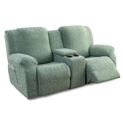 YUEANG Recliner Loveseat Cover with Center Console, 2 Seater Jacquard Recliner Sofa Slipcover with Pockets Washable Stretch Reclining Couch Covers Furniture Protector Elastic Straps (Matcha Green)