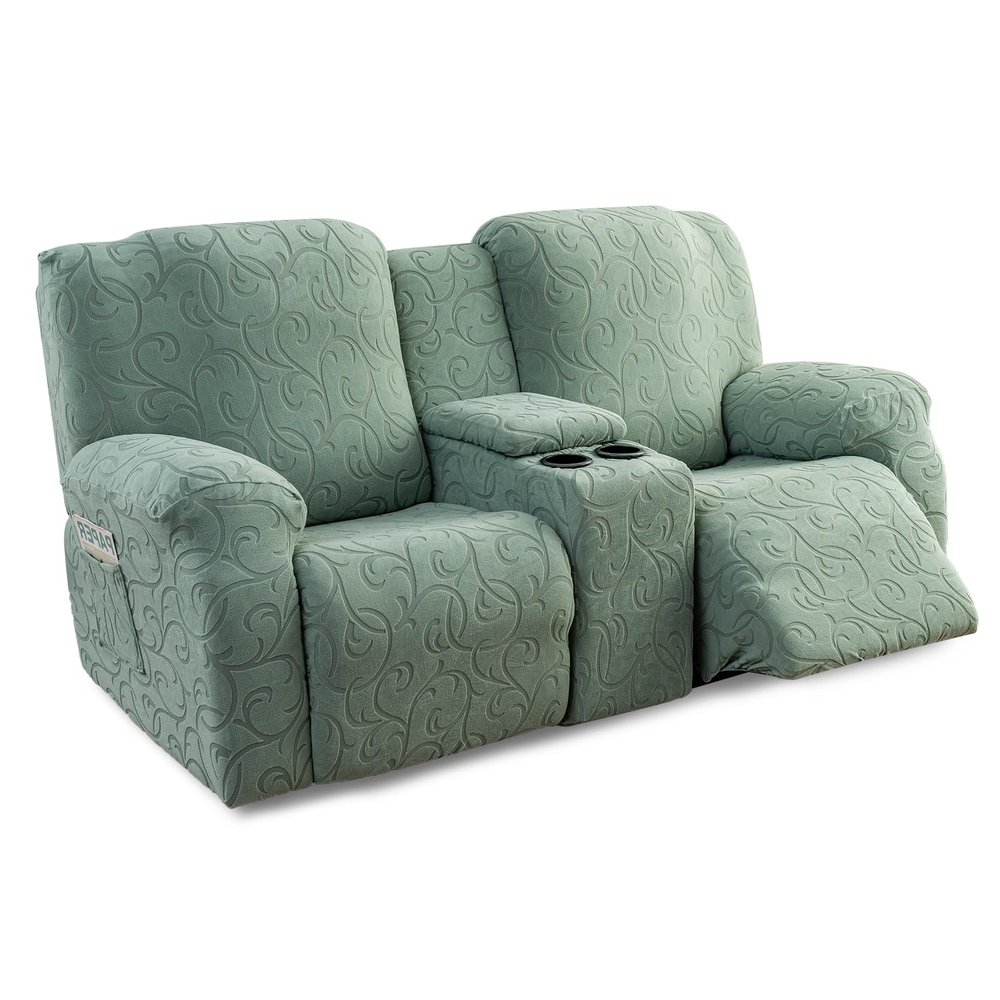 YUEANG Recliner Loveseat Cover with Center Console, 2 Seater Jacquard Recliner Sofa Slipcover with Pockets Washable Stretch Reclining Couch Covers Furniture Protector Elastic Straps (Matcha Green)